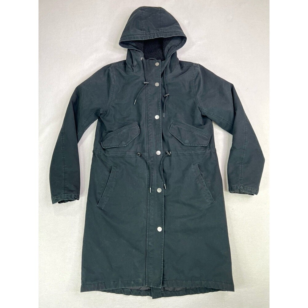 RVCA Long Parka Hooded Womens Size Small Full Zip Black Sherpa Lined